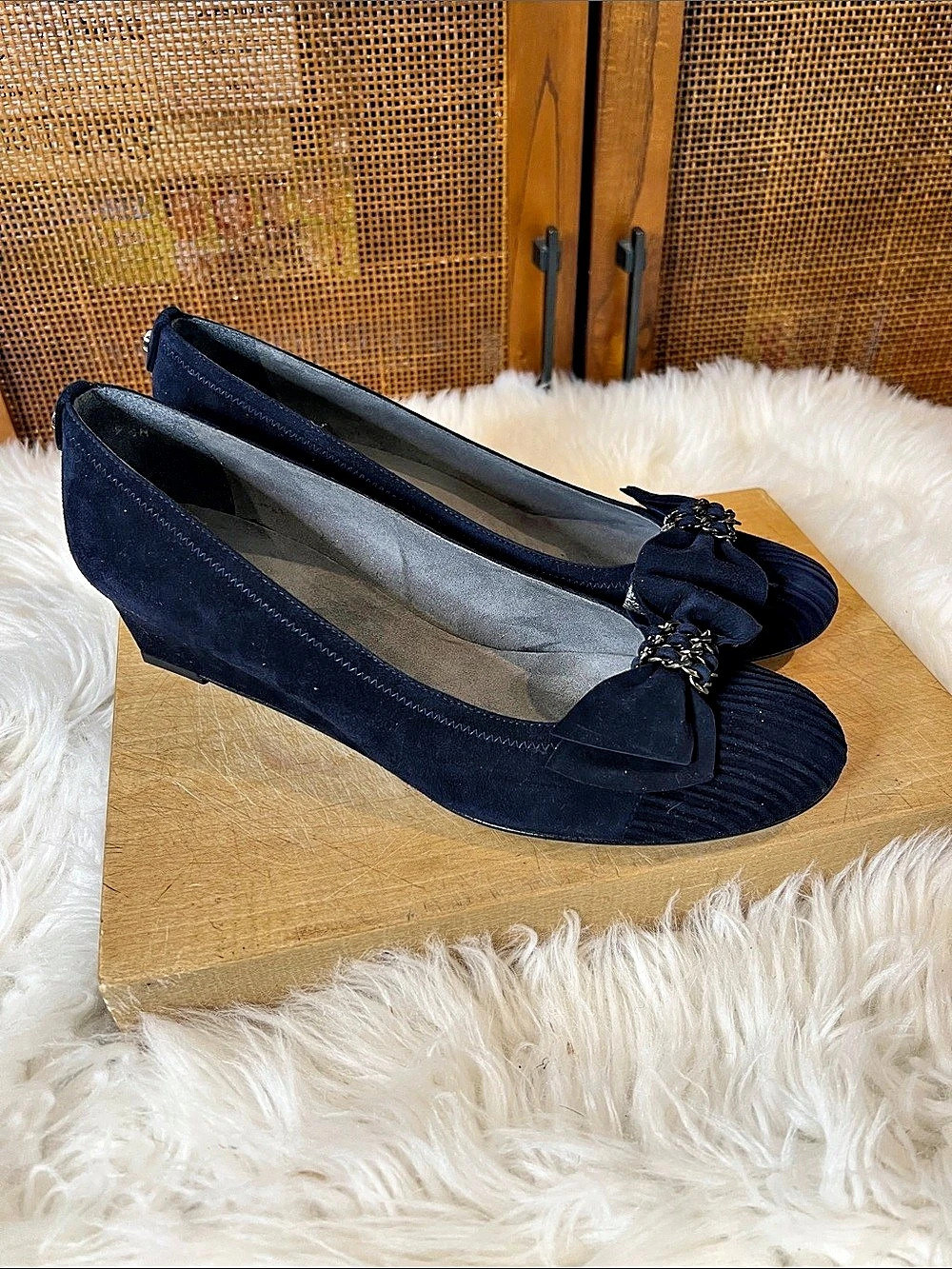 Stuart Weitzman Navy Suede Wedge Pumps with Bow Detail